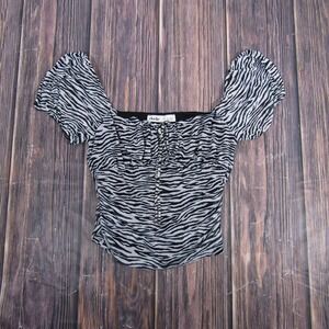 elodie Shirt Womens Large Black White Zebra Print Ruched Puff Sleeve Lace Up